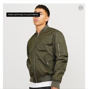 Jack & Jones Core Green Bomber Jacket with Ribbed Details